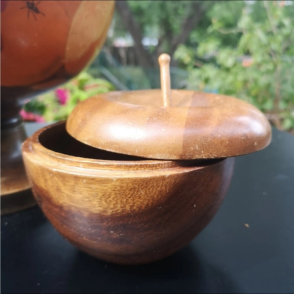 Vintage Wooden Fruit Painted Pedestal Bowl, 7.5" Tall and A Money Pod Wood Apple - Picture 6 of 9